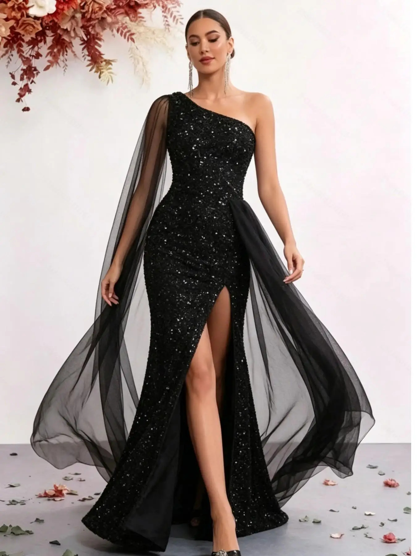 Image of Elegantes, schulterfreies Abendkleid mit Pailletten, bodenlanger Meerjungfrauenrock, leichtes Tüllpanel, perfekt für Hochzeiten