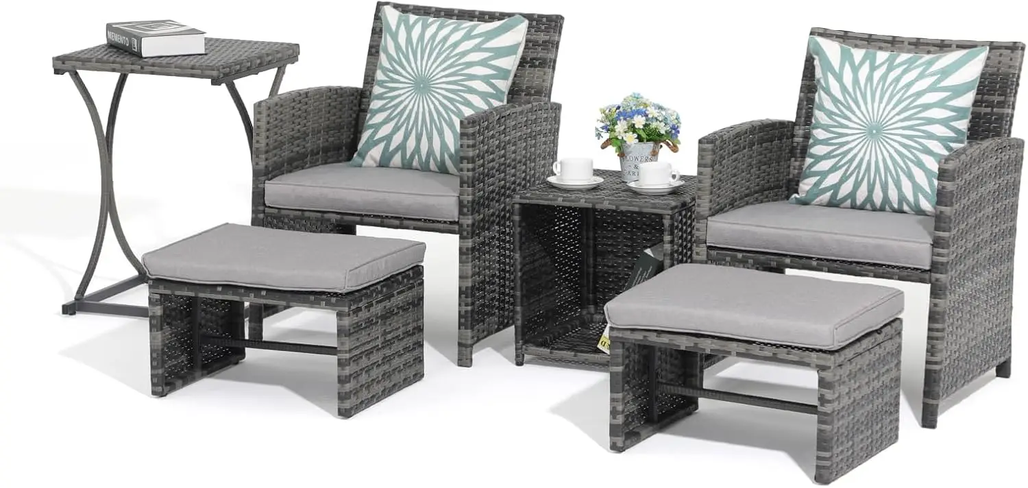 

6 Piece Patio Furniture Conversation Set with Ottoman, Outdoor Grey Wicker Chair and Table Set, Balcony Furniture for Apartments