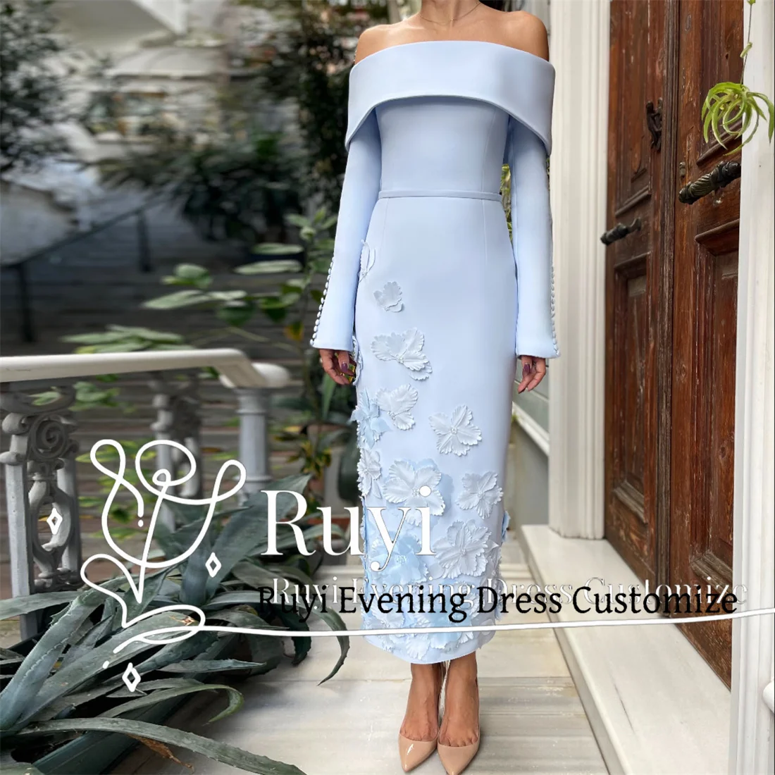 Customized Off Shoulder Leaf Flower Applique Formal Prom Dress Buttons Long Sleeves Formal Occasion Evening Dress Ankle-length