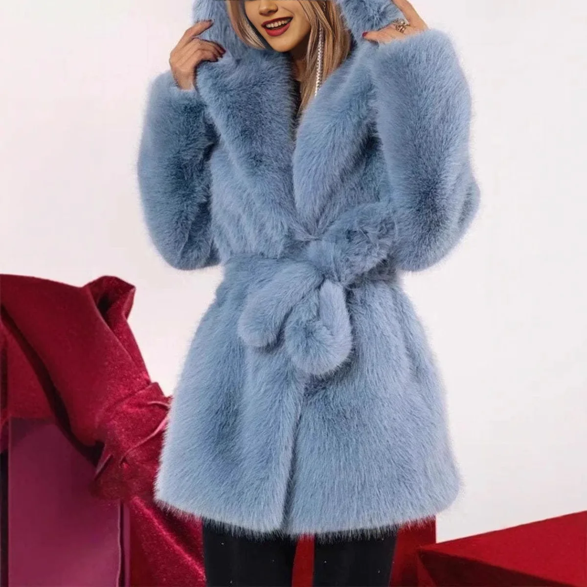 Women Autumn Winter Solid Color Faux Fur Long Sleve Loose Cardigan Coat Jackets Fashion Hooded