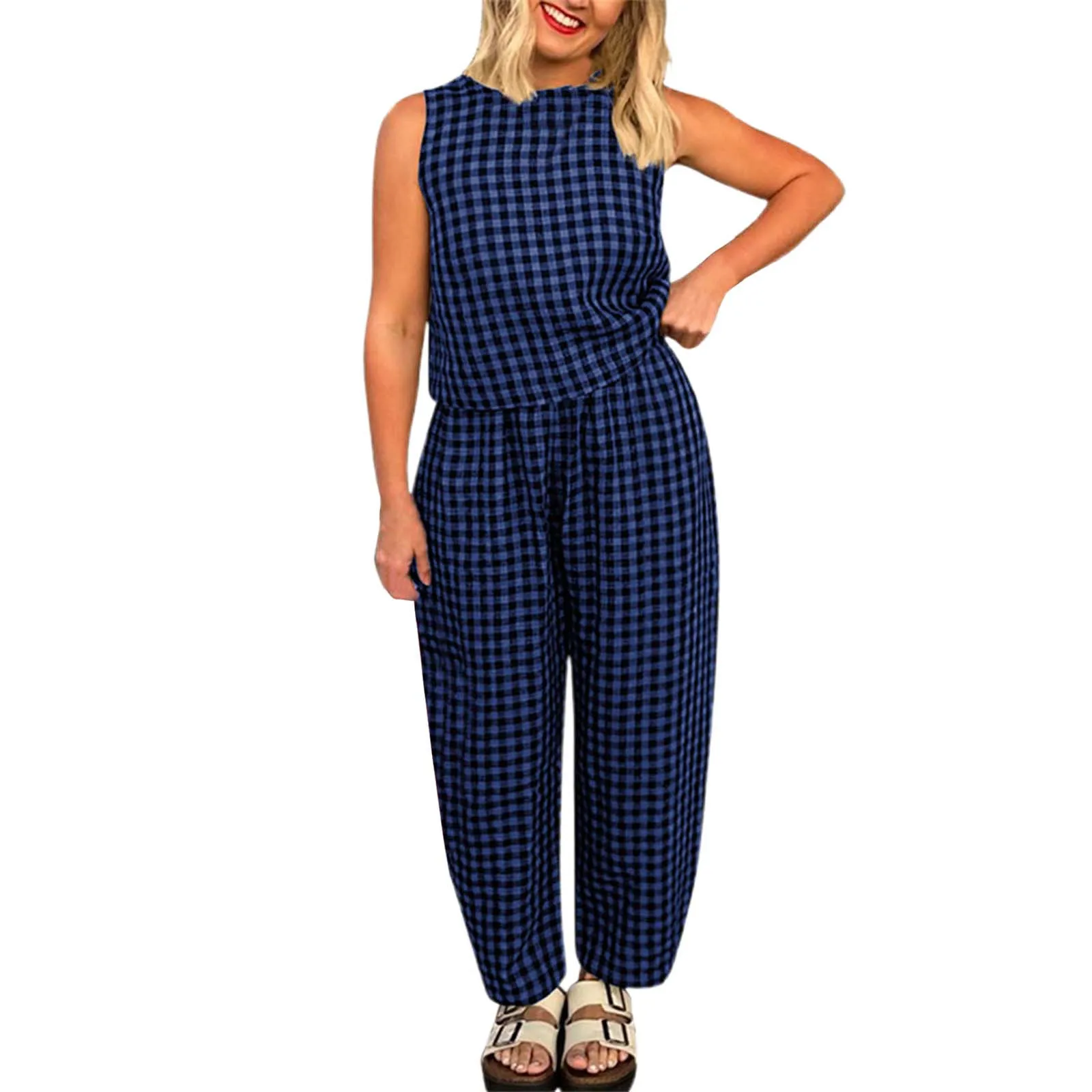 Women Plaid 2 Piece Set Sleeveless Casual Tank Top And Baggy Trousers Set Female Loose Loungewear Suit Summer Streetwear