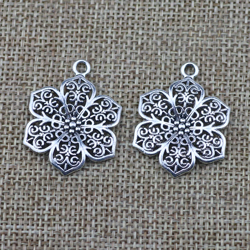10Piece 24*32mm Antique Silver Plated  Hollow Flower Charm For Women DIY Necklace Making Retro Jewelry Pendant