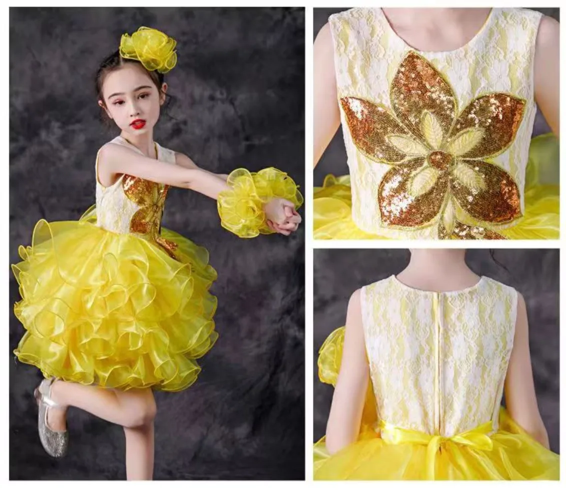 Yellow Red Cupcake Girl\'s Pageant Dresses Birthday Party Gowns Ruffles Organza Short Puffy Flower Little Girls Roal Blue Dress