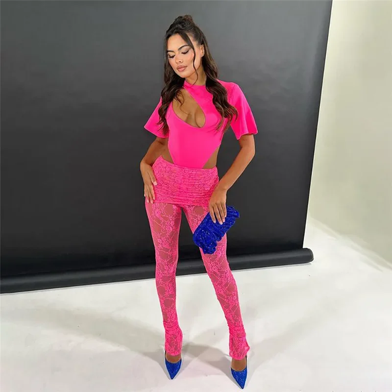 

Women Sexy Mesh Lace Flare Pants See Through Hipster Chic Ruched Skirts Spliced Slim Clubwear Trousers Hot Girls Bottoms