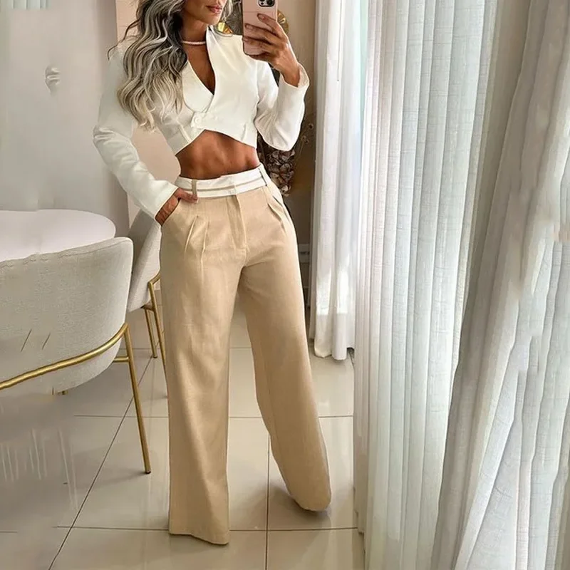 

Elegant Crop Top & Cuffed Pants Set Women White Vest Wide Leg Pant Sets Two Piece Suit Spring Summer High Waist Trousers Suits