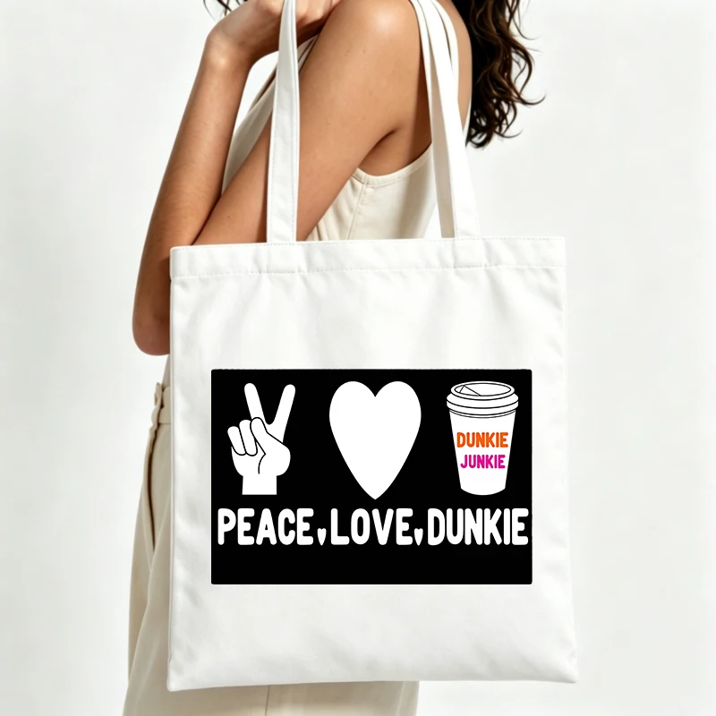 peace sign and heart graphic canvas tote bag with typography print, ideal for casual daily use and coffee runs