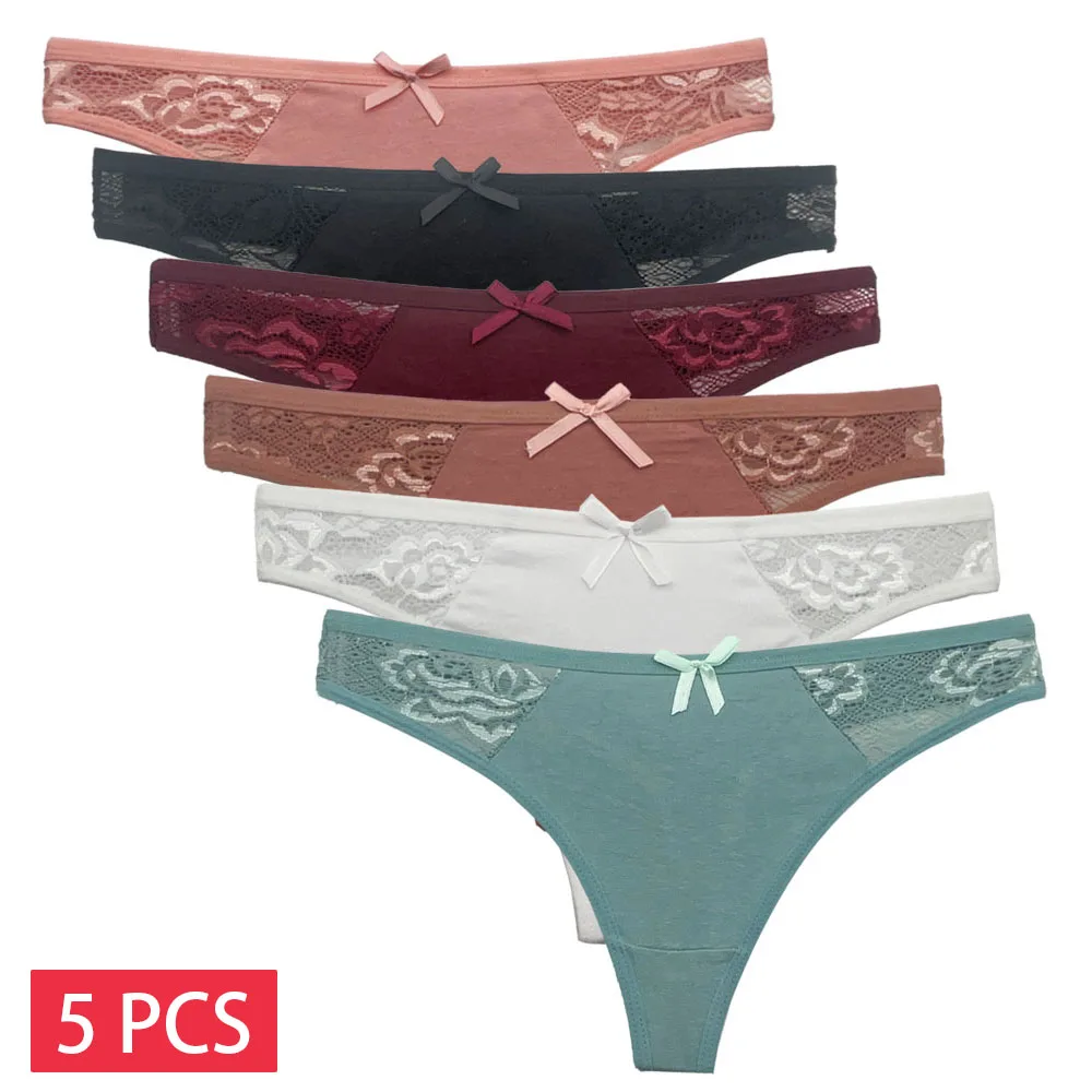 

5 Pcs/set Cotton Thong Women Underwear Sexy Lace Panties Female Underpants Solid Color Panties Lingerie Low-rise G-string