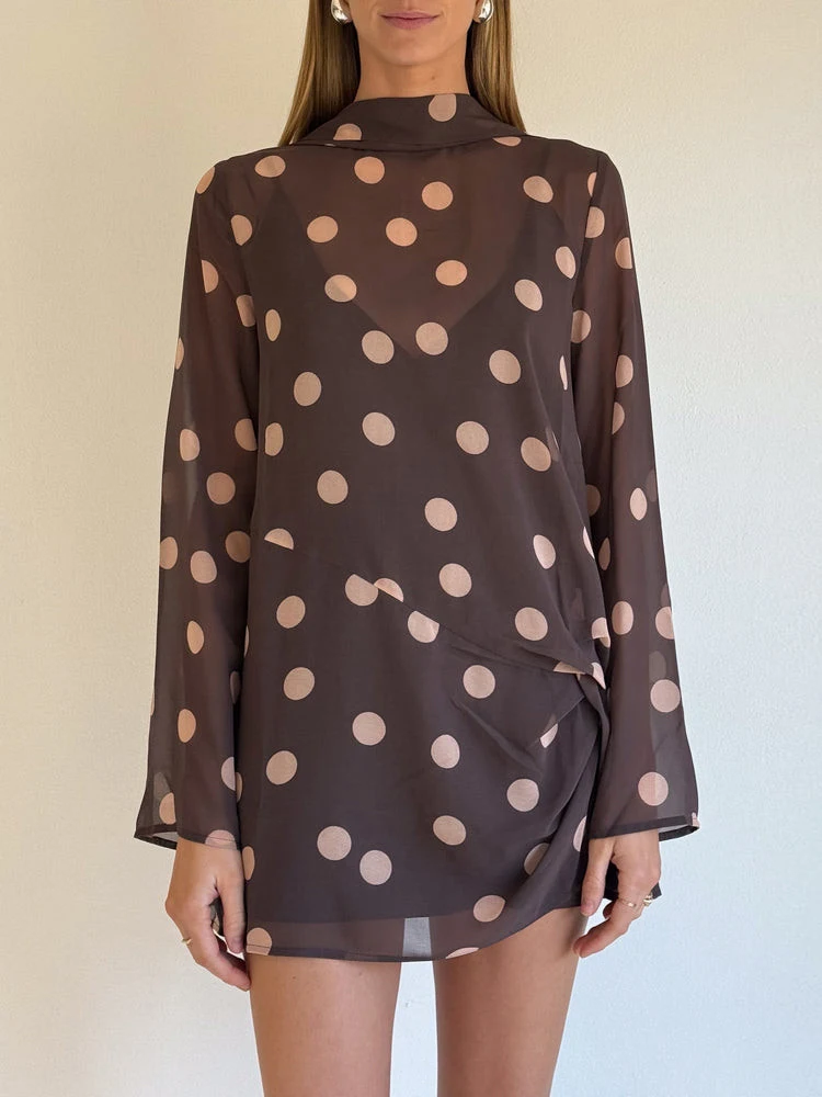 

Oniflyme See Through Mesh Printed Mini Dress Women Fashion Long Sleeve Loose Bandage Short Dresses Lady Party Outfits Sexy Robes