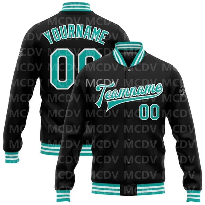 Custom Black Aqua-White Bomber Full-Snap Varsity Letterman Jacket Baseball Button Jacket