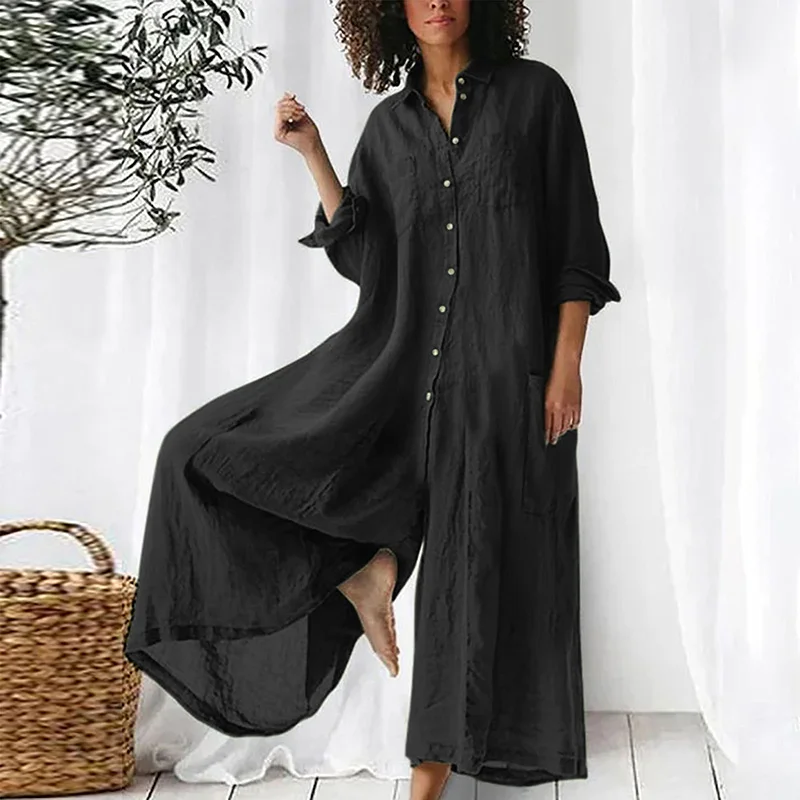 Solid color summer casual long sleeved single breasted design women loose unique personality wide leg jumpsuit