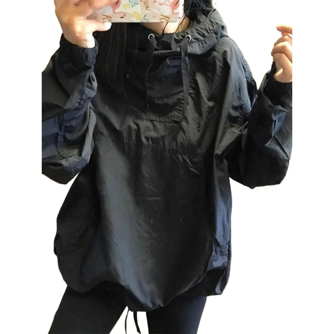 2025 Autumn Spring New Women's Hooded Windbreaker Jacket Black Loose Casual Style Stylish Utility Outerwear