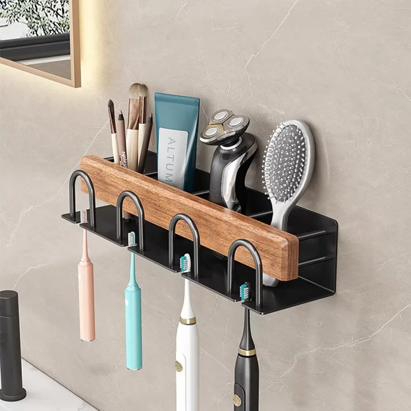 Bathroom Toothbrush wall mounted holder Walnut wood storage rack bathroom organizer toothbrush storage Toothpaste Holders