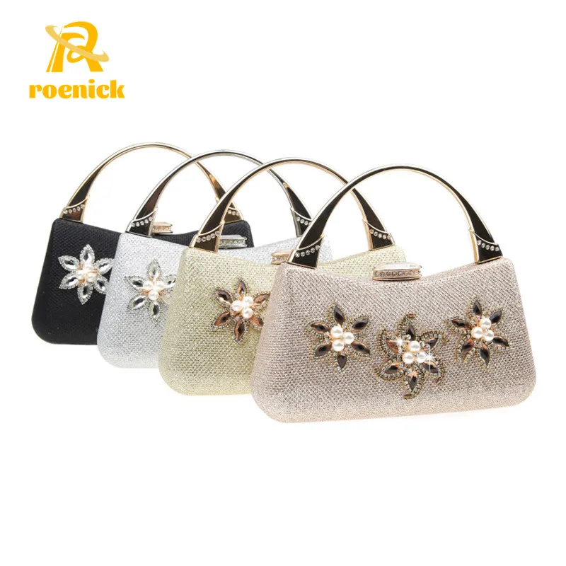 

ROENICK Women Gold Flowers Evening Bags with Handle Luxury Designer Shiny Handbags Purses Pearl Mini Totes Banquet Minaudiere