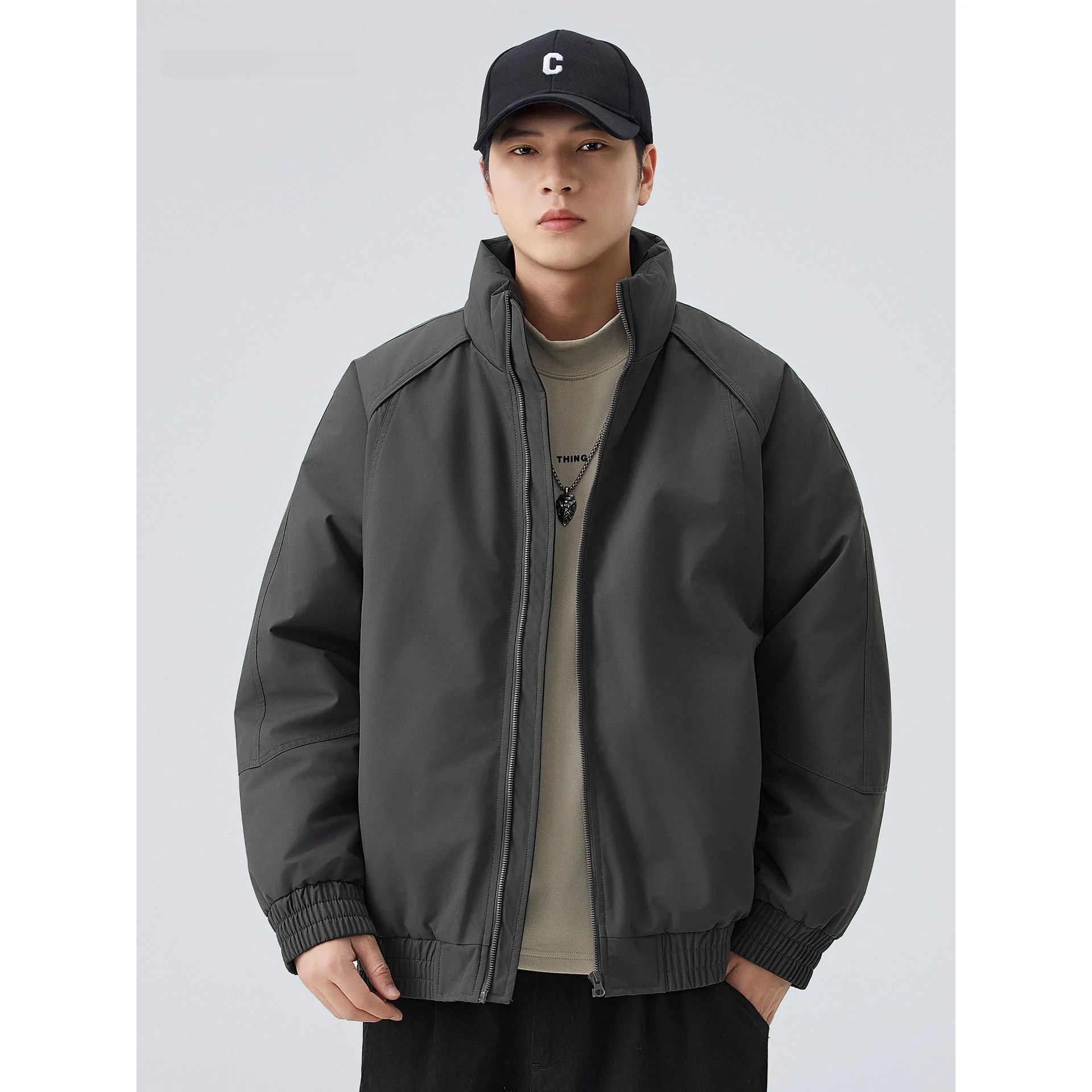 

American Style Loose Fit Cotton Jacket Men's Autumn Winter Thickened Warm Stand Collar Pure Color Youth Fashion Outerwear