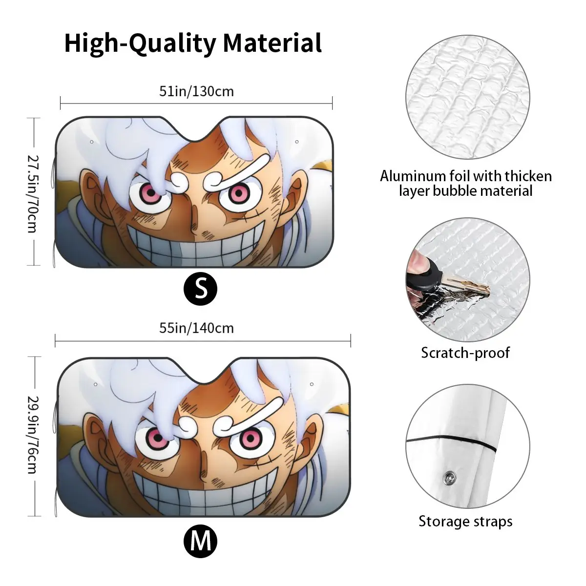 Luffy Anime Gear 5 Windshield Sunshade Foldable Cover Front Block Window 70x130cm Sun Visor Blinds Sun Shade Protect