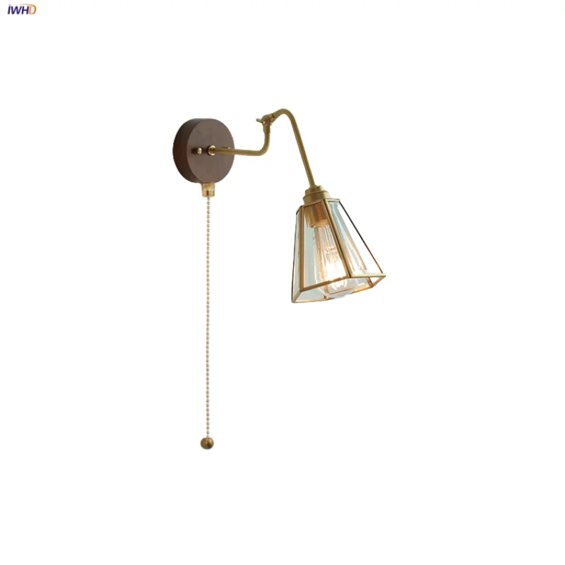 

IWHD Clear Glass LED Wall Lamp Sconce Bedroom Hotel Coffee Pull Chain Switch Rotate Arm Walnut Wood Stair Light Fixtures Lampara