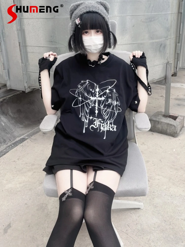 

Original Japanese Mines Style Punk Subculture Round Neck Rivet Short Sleeve Loose Casual Versatile T-shirt Top Women Summer 2026
