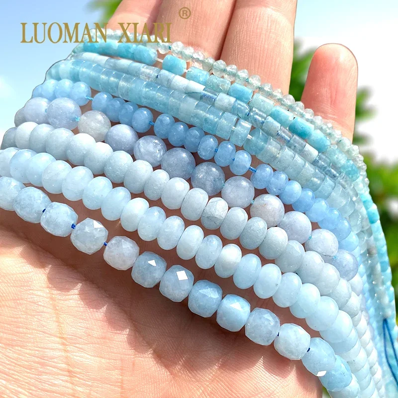 Natural Stone Blue Chalcedony Aquamarine Square Flower Abacus Round Spacer Beads for Jewelry Making DIY Bracelet Accessories