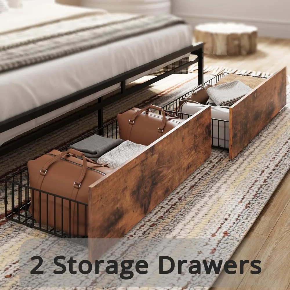 Bed Frame, Storage Headboard with Charging Station, Platform Bed with Drawers, No Box Spring Needed, Easy Assembly