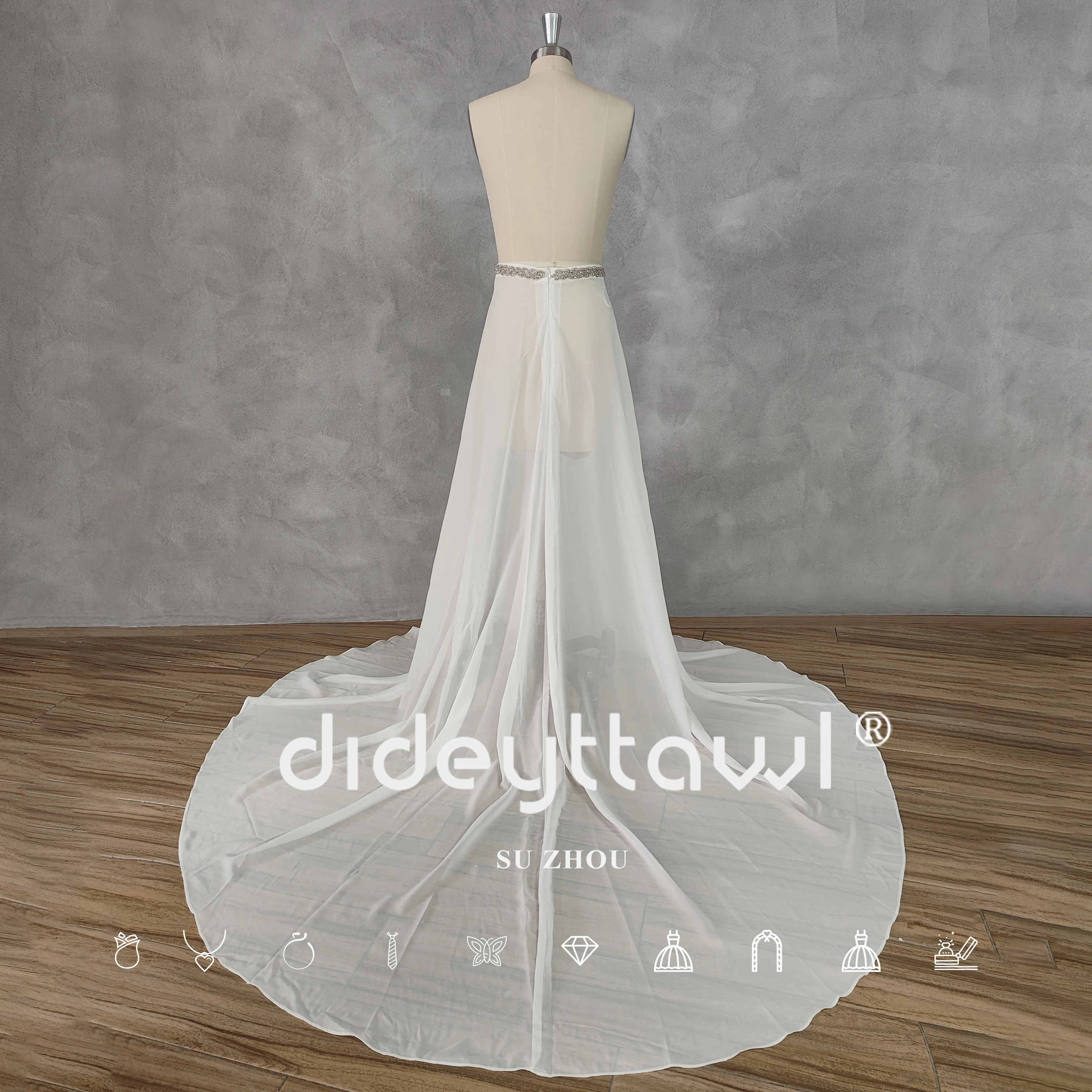 DIDEYTTAWL Real Picture Pants Deep V-Neck Off-Shoulder Chiffon Wedding Dress Zipper Back Detachable Court Train Bridal Gown