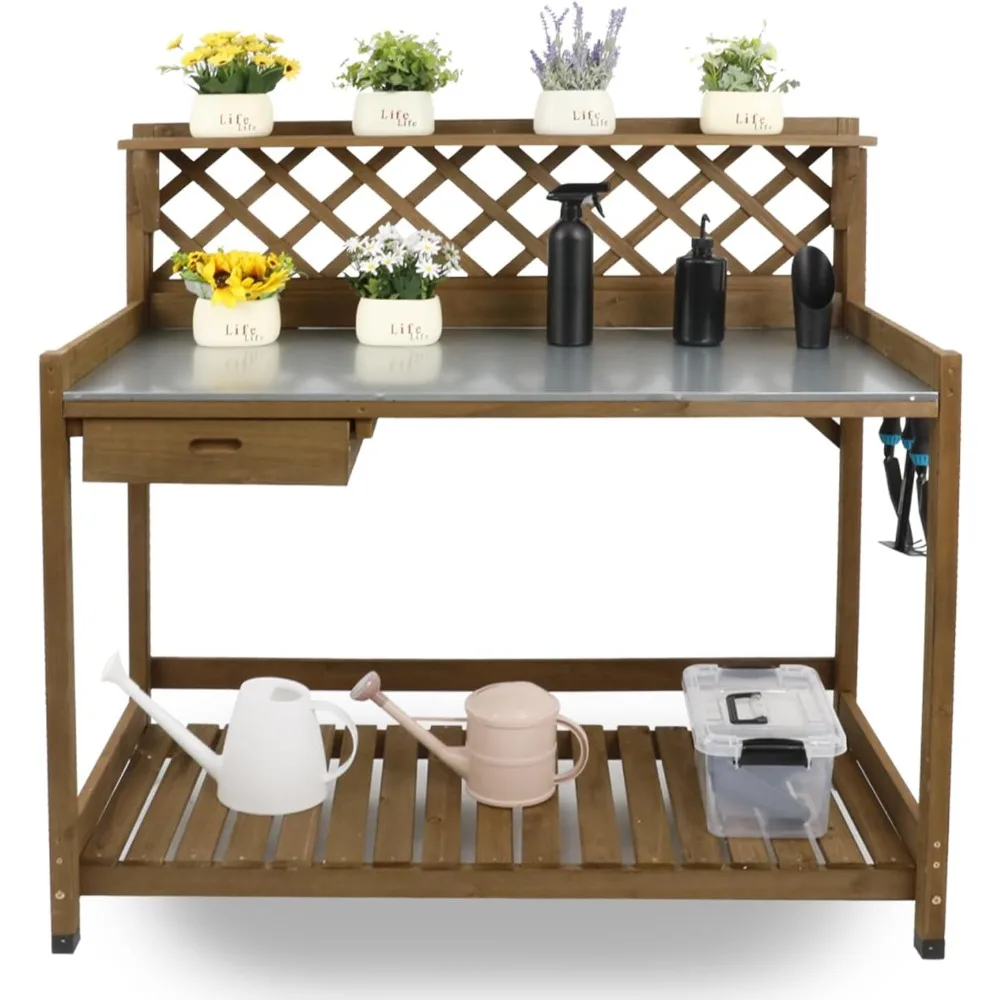 

Garden Potting Benches & Tables,Outdoor Wooden Work Station W/Metal Table Top,Drawer,Large Bottom Shelf,Open Shelf Natural Wood-