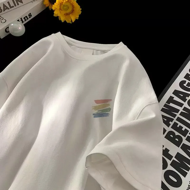 Pure Cotton Breathable Short Sleeve T-Shirt Unisex Loose round Neck Simple Print Couple Trendy Brand Casual Comfortable Top
