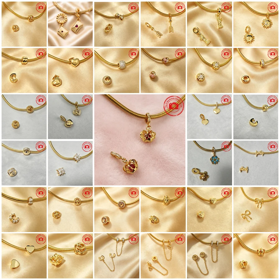 Sparkling Golden Charms DIY Jewelry Gifts Starfish Stones & Enamel Clip Love Stamp Bow Flower Heart Beads Fit Original Bracelets