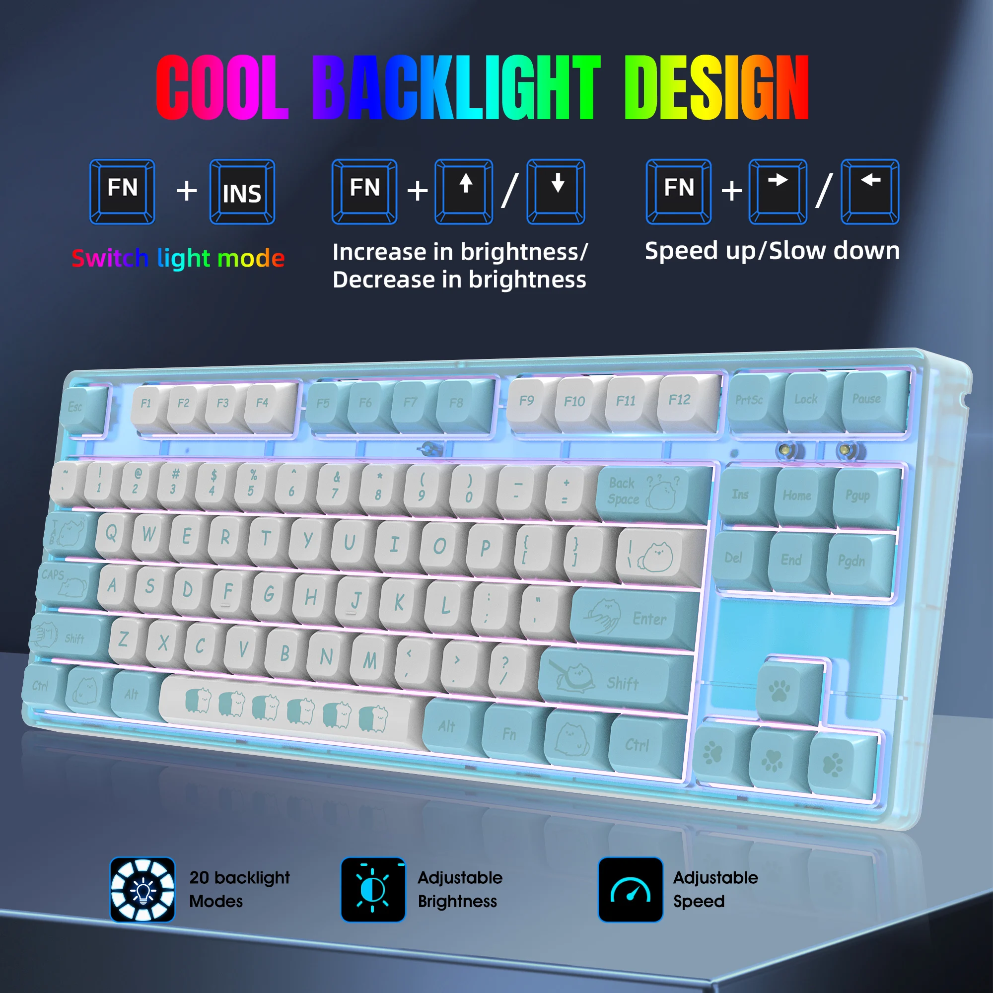 87 Keys Wired Mechanical Keyboard Cute Kawaii Cartoon Sublimation PBT Keycap Backlight Game Keyboard for Laptops Desktop