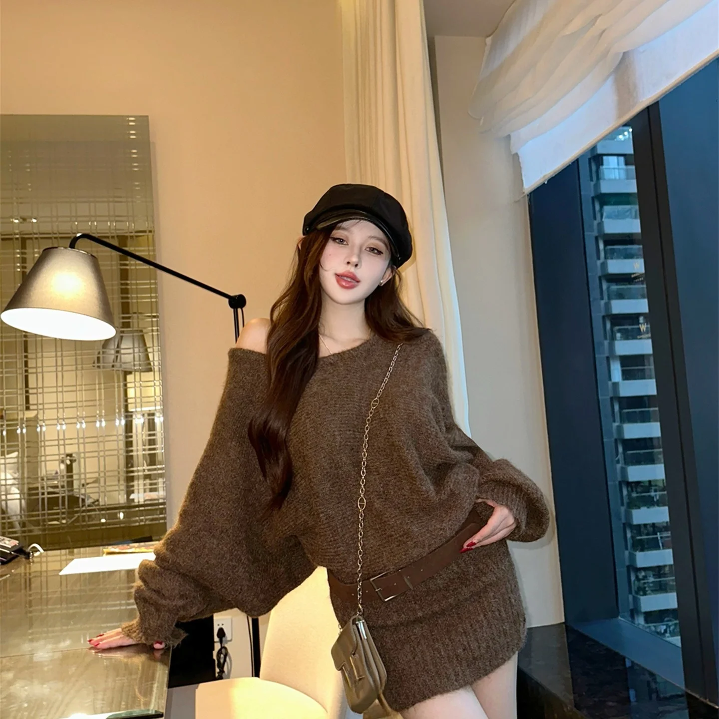 

Autumn Winter Slim Fit Batwing Sve One oulder Sexy Spicy Girl Knitted Dr with Belt Casual Sle Soft Wool Blend Knitwear