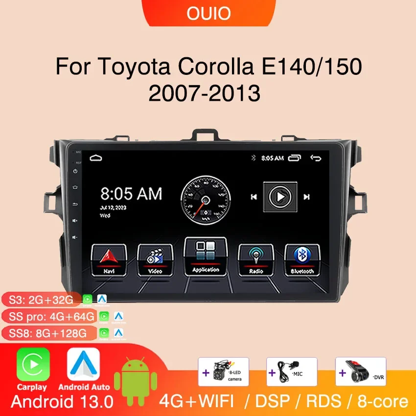 

2DIN Android 13 radio For Toyota Corolla E140/150 2007 2008 2009-2013 Car stereo Multimedia Player Carplay Auto GPS Navigation