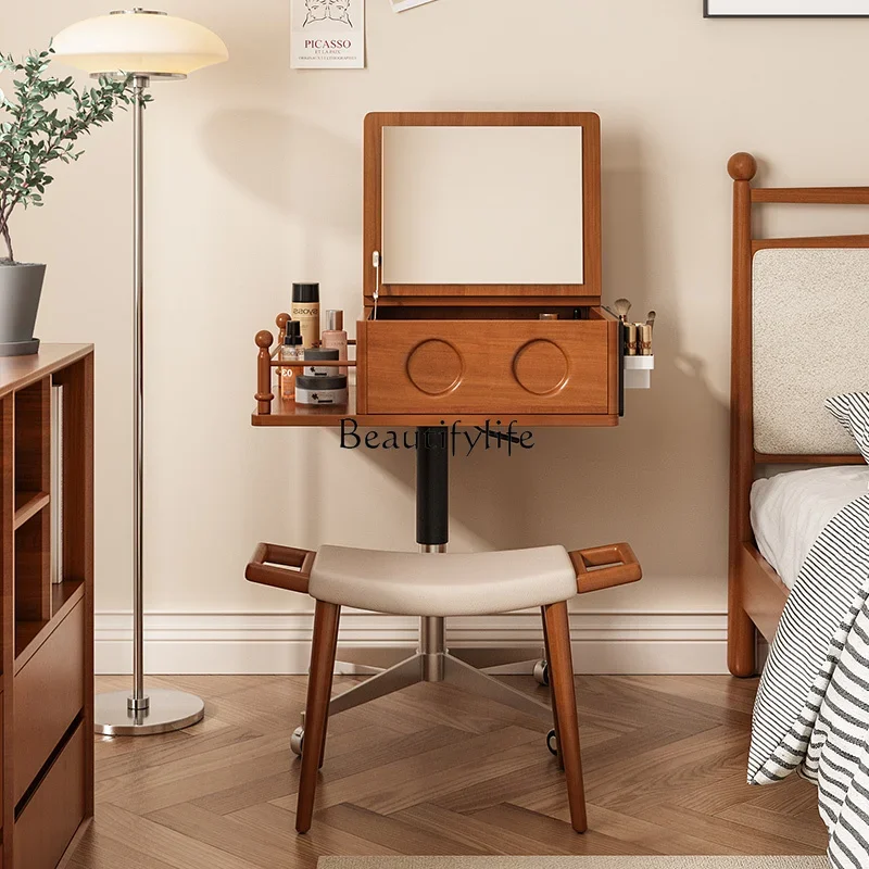GG8Antique Style Solid Wood Mini Dressing Table Small Apartment Bedroom Movable Flip Makeup Table