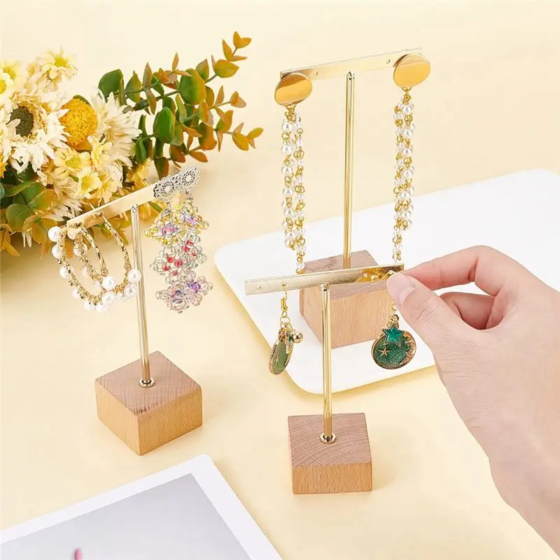 AT16 3Pcs Gold Metal T Bar Earring Display Stand with Wooden Square Base 4 Holes Jewelry Holders Hanging Earring Organizer