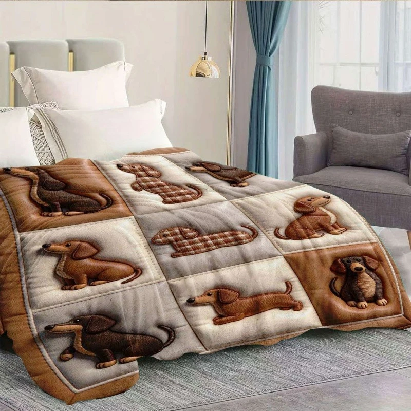 Patchwork Dachshund Sausage Dog Plaid Print Flannel Throw Blanket, Cozy Pet Dog Blanket for Dachshund Lover Sofa Bed Decor