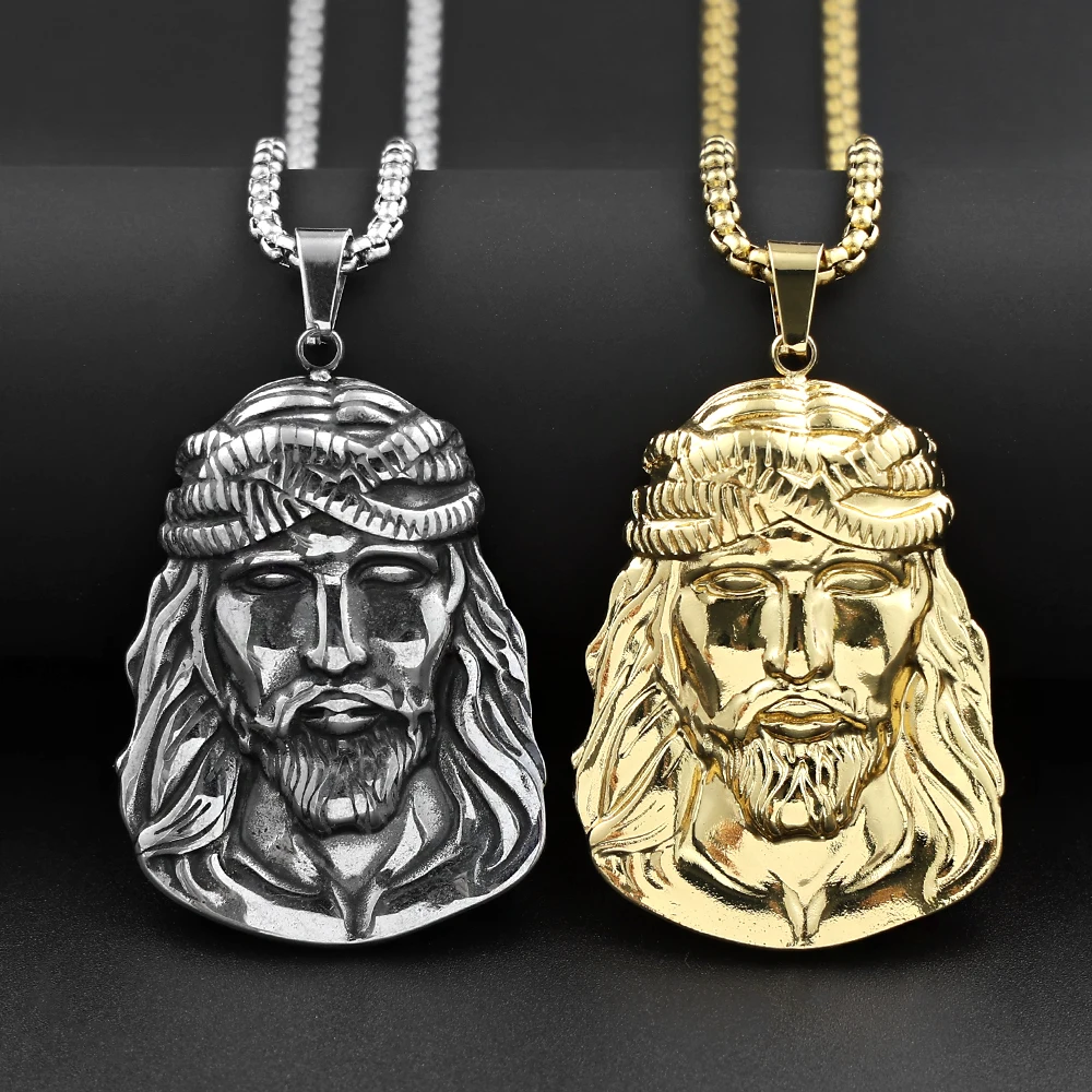 Vintage Crown of Thorns Jesus Christ Head Pendant Necklace For Women Men Stainless Steel Christian Amulet Faith Chain Jewelry