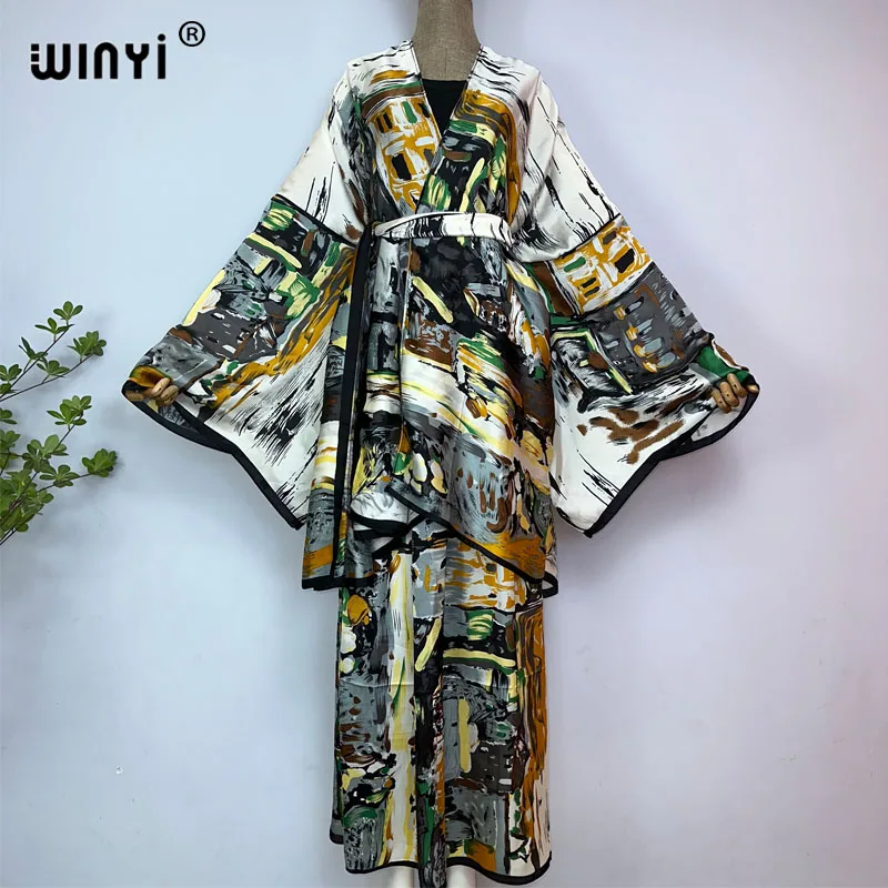 WINYI-Vestido floral midi feminino, moda quimono, estampa em totem, selo da cintura, manga comprida, casual fino, vintage, 2023