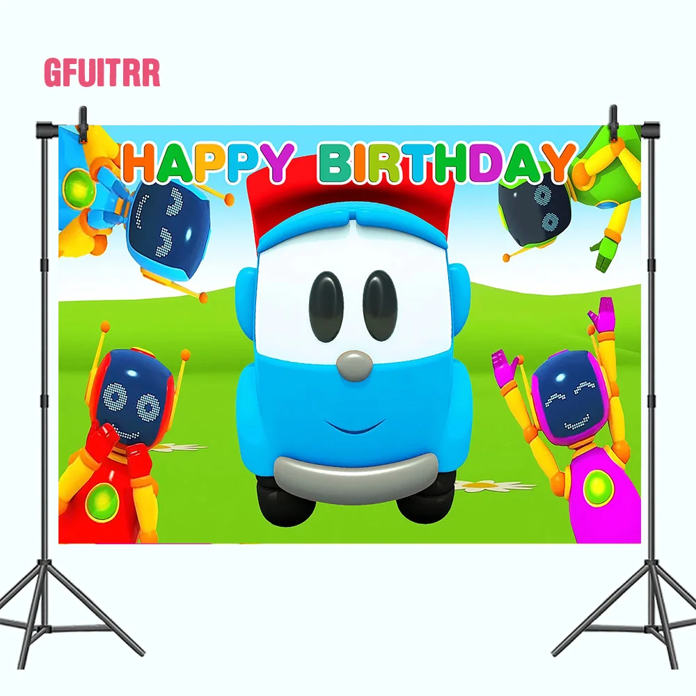 GFUITRR Leo The Truck Photography Backdrop Kid Birthday Baby Shower Photo Backdrop Custom Banner Decor Photo Studio Photocall