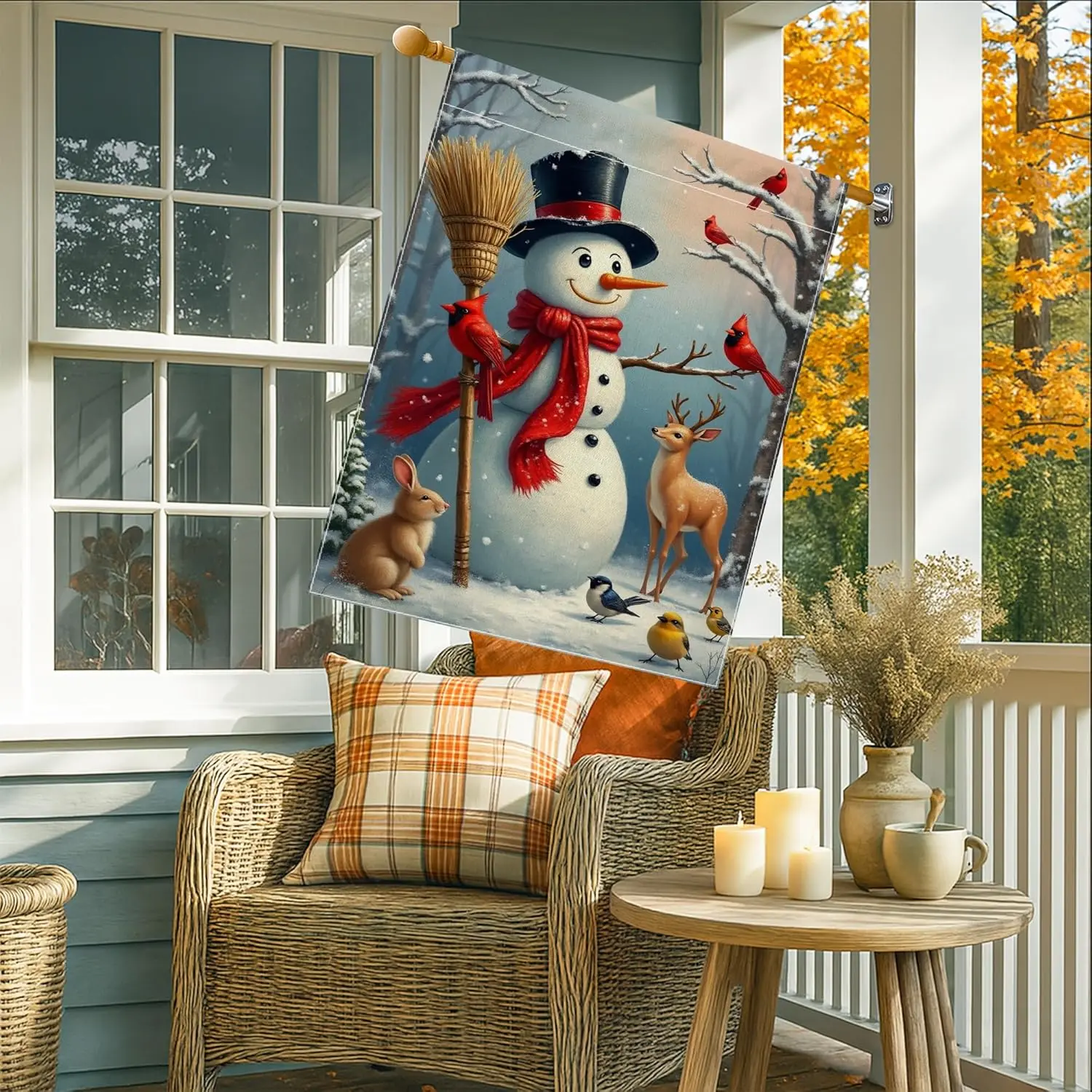 Winter Snow man Garden Flag, Colorful Snowy Scene with Animals Home Decor Banner, Double Sided Burlap Yard Flag Holiday Outd yyi