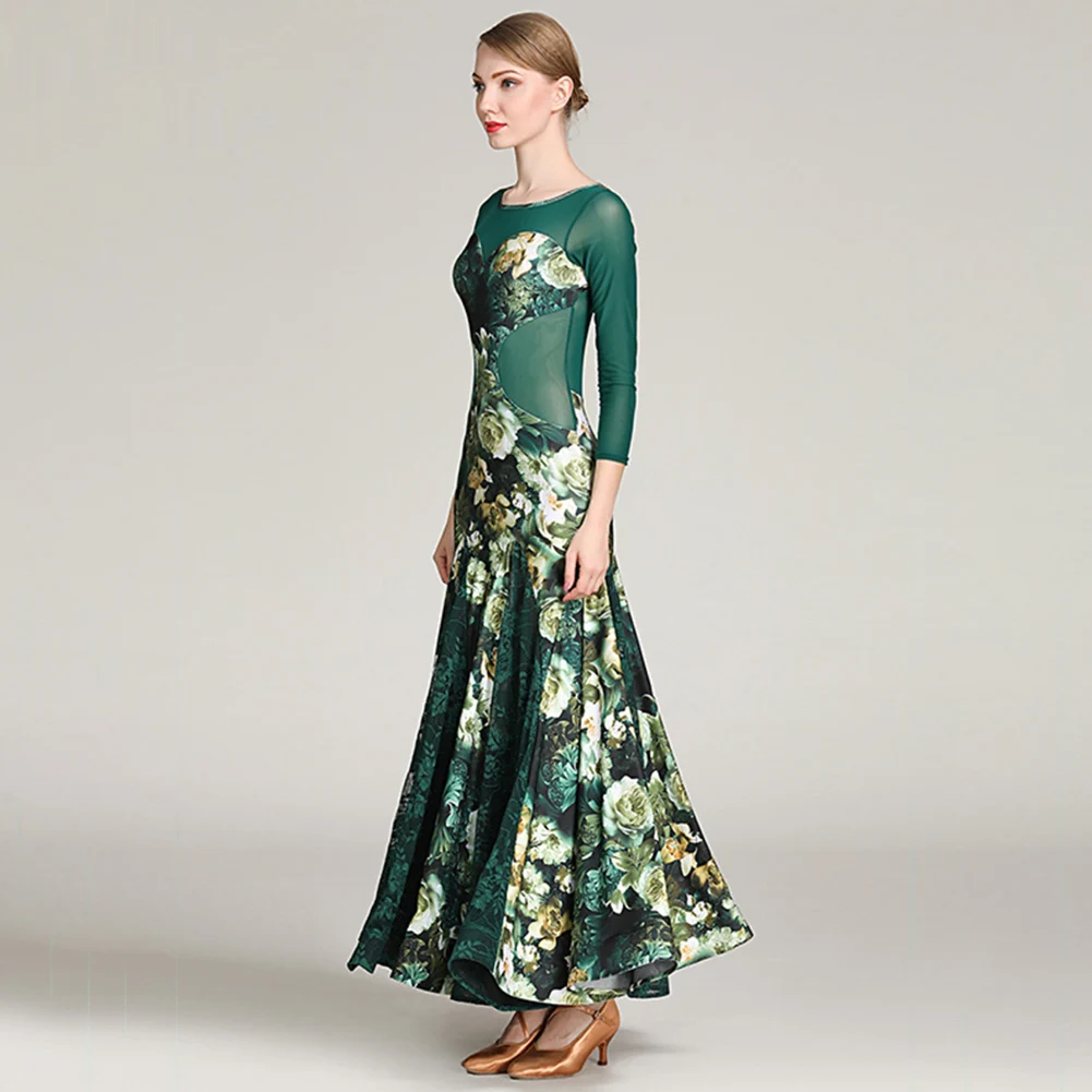 Elegante standaard danswedstrijdjurk grijze wals ballroomwedstrijdjurk met lange mouwen en groene kanten podiumjurk nieuw