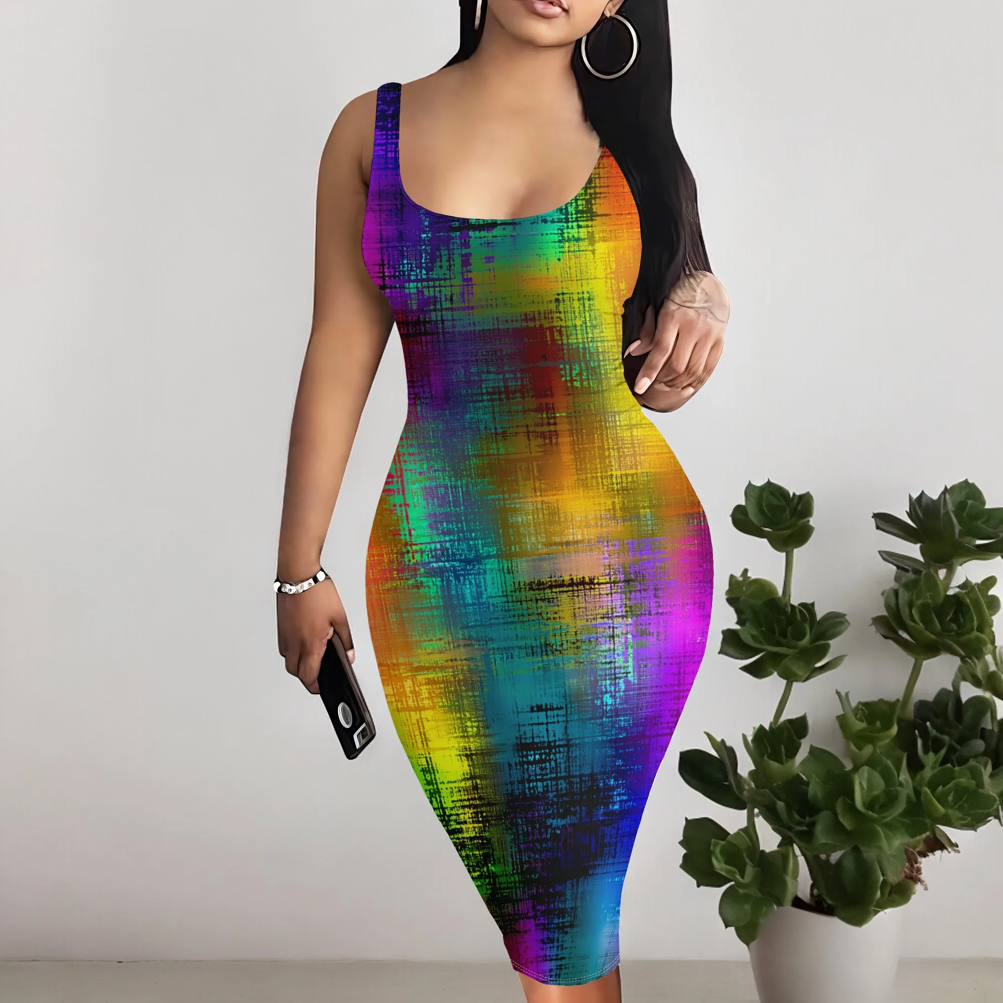 

"Colorful Abstract Bodycon Dress for Women - Neon Stripes, Summer Party & Festival Ready, Plus Size S-3XL"