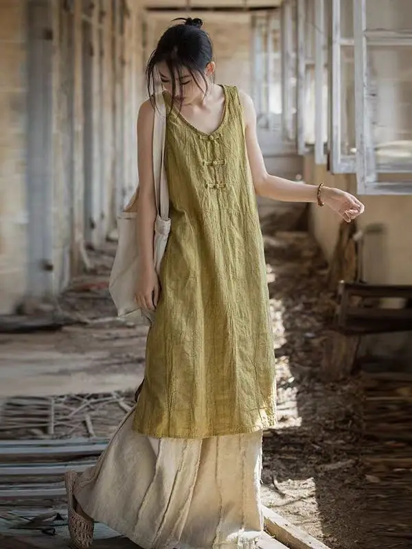   Nuevo Chino Sle Midi Dr bordado azul Tie Dye chaleco falda suelta ajuste redondo Neline No Sve Retro viaje