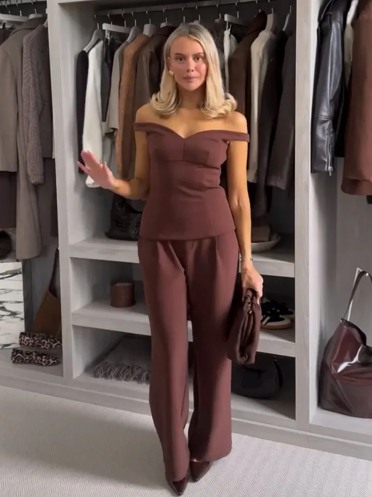 

Women Solid Pants Suit Back Zipper Dew Shoulder V-Neck Design Short Top+Casual Fashion Pockets Mid Waist Wide Leg Pants