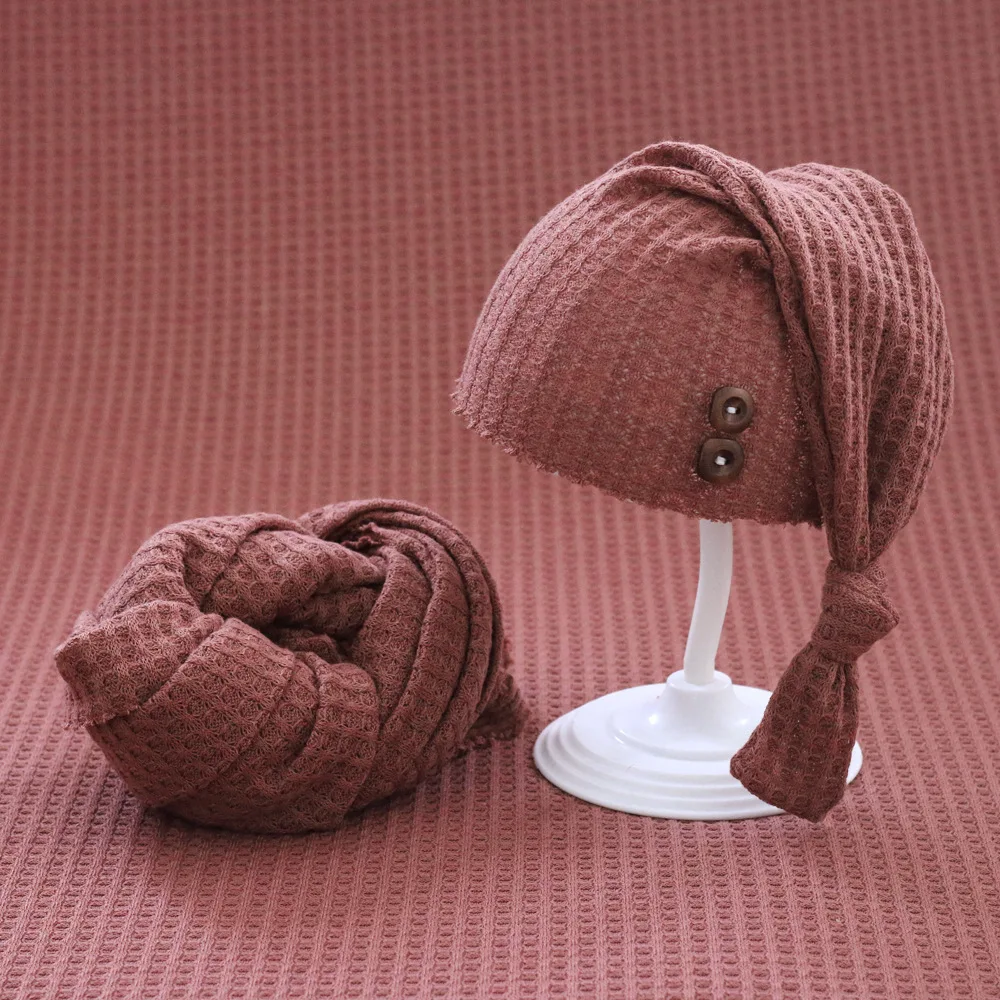 Newborn Photography Props Hat Wrap Set Baby Photo Outfit Wraps Blanket Long-tail Knitted Houndstooth Hat Fotografia Photo Props