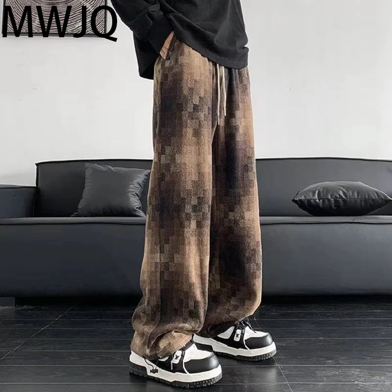 MWJQ Plaid Design Male Woolen Casual Pants Hip Hop Thicken Drawstring Loose Men's Trousers 2024 Winetr Fashion New 010043