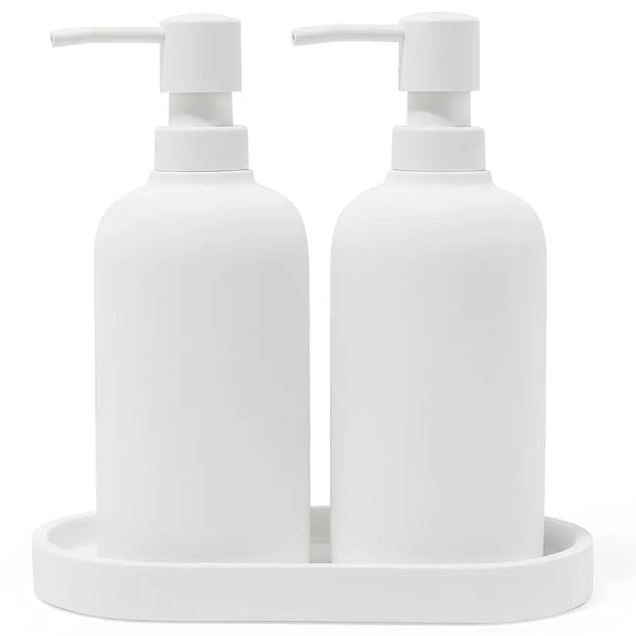 

White Soap Dispenser Set with Tray, 2 Pack 15oz Round Rustproof Liquid Hand Dish Soap Dispensers with Tray for Kitchen, Countert