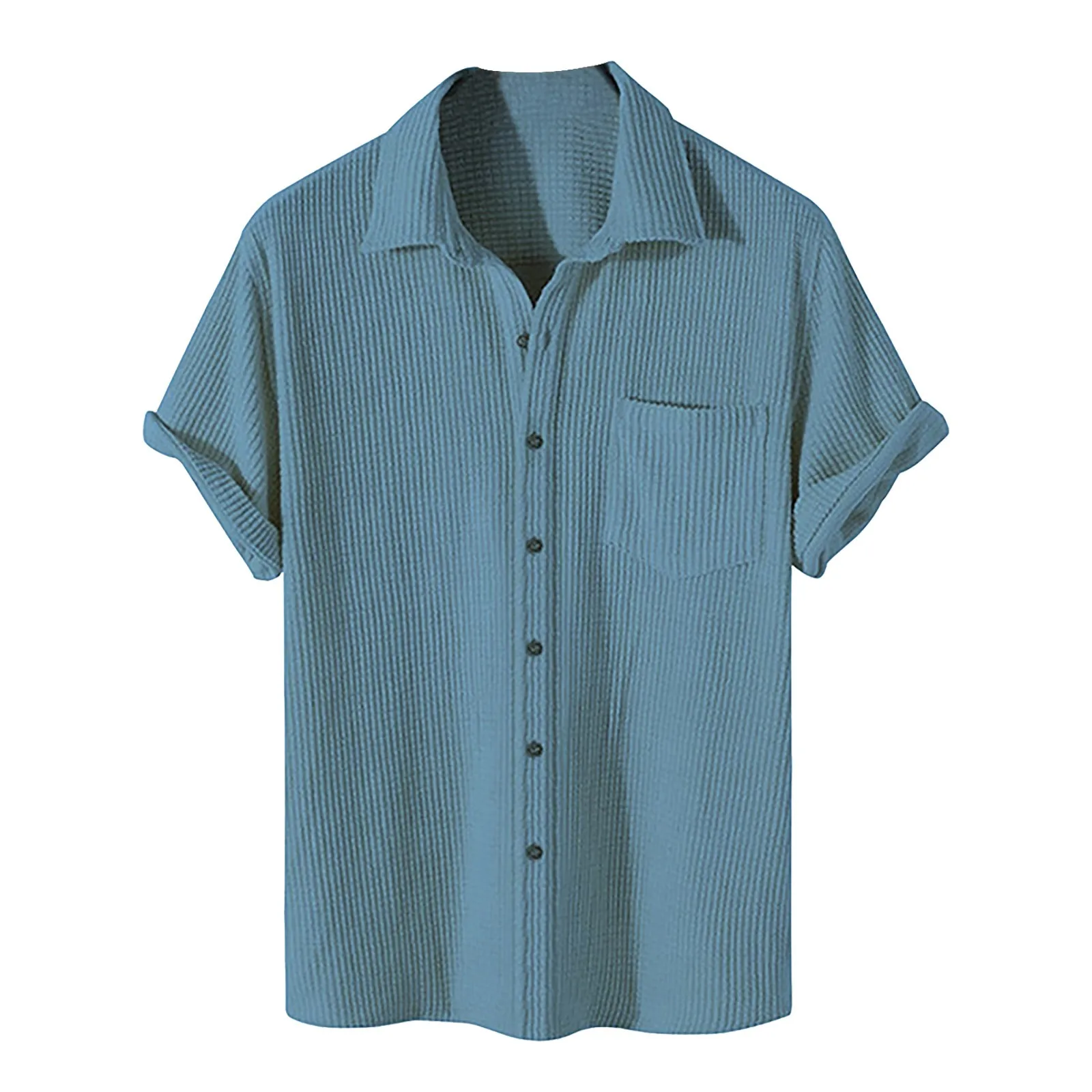 Kaus serbaguna kasual Pria Atasan wafel lengan pendek baru musim semi kemeja bergaris kerah Single-Breasted warna polos atasan dasar harian