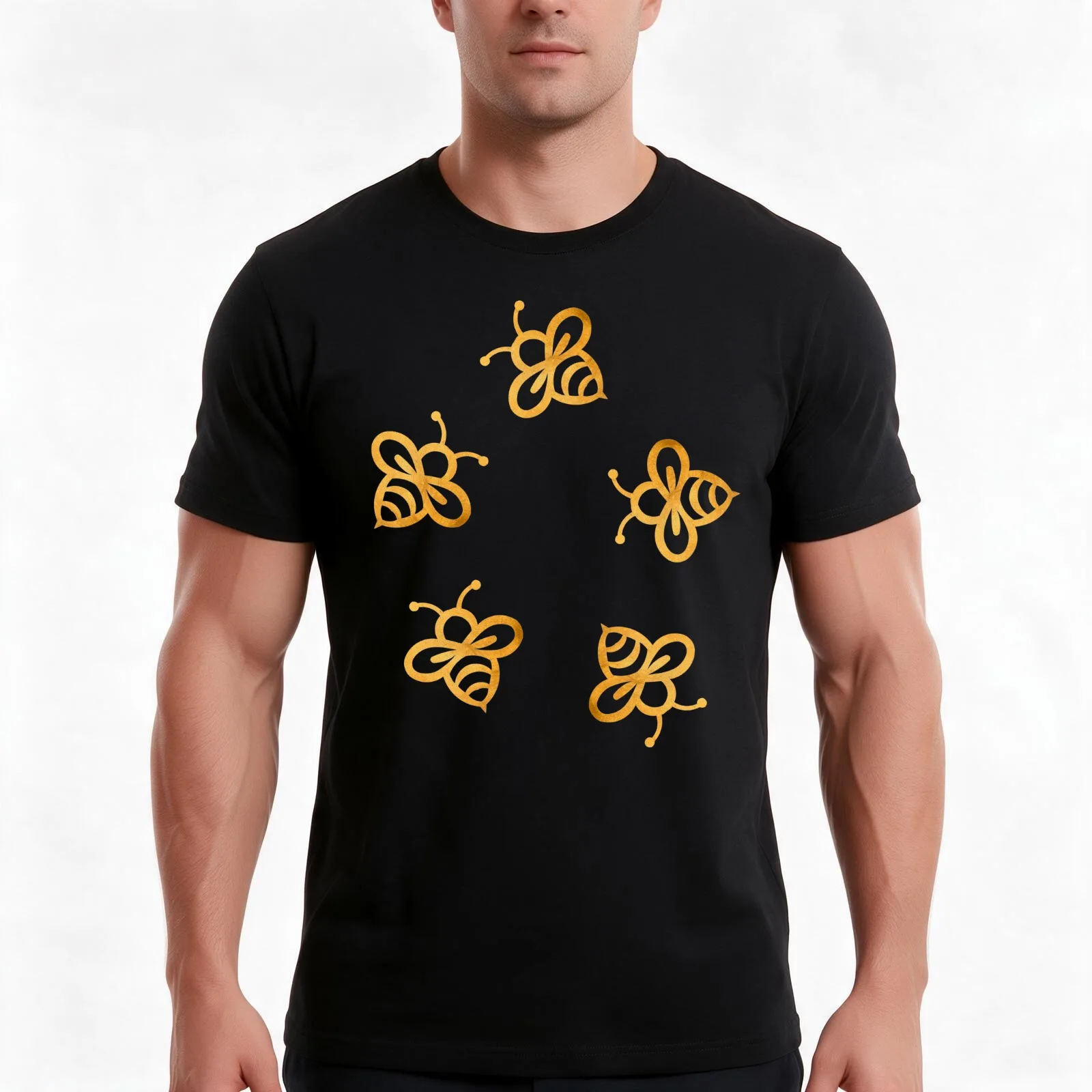 Bees - gold foil bees outlines T-Shirt, Summer Casual Cotton Tee, Oversized Streetwear Tops, Vintage Graphic Print, 100% Cotton