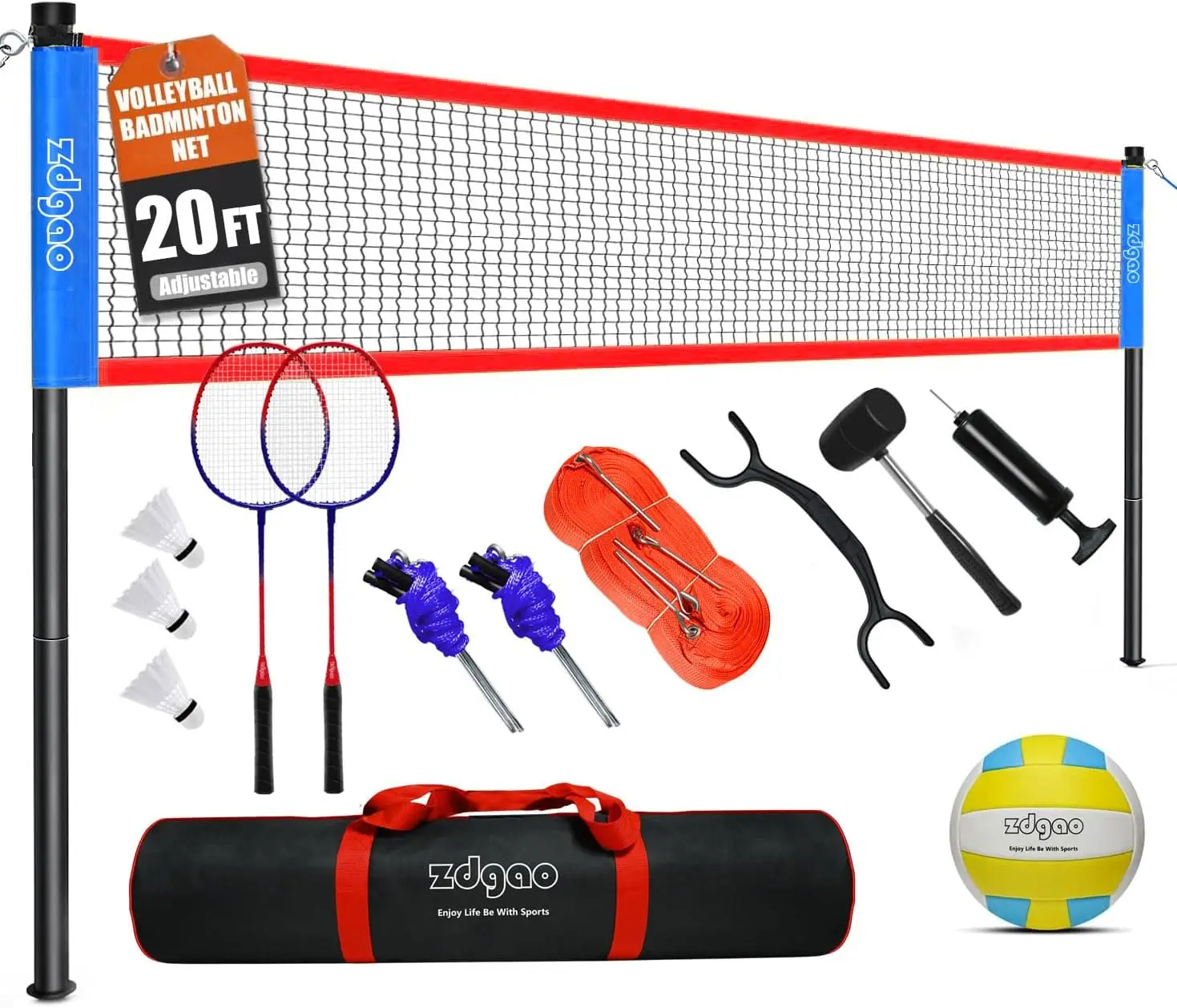 

Volleyball & Badminton Combo Set for Backyard, 20FT/32FT, Adjustable Height Pole System, Anti-Sag Net, Racket Set, Boundary Line, Carry Bag, Complete Family Fun Kit