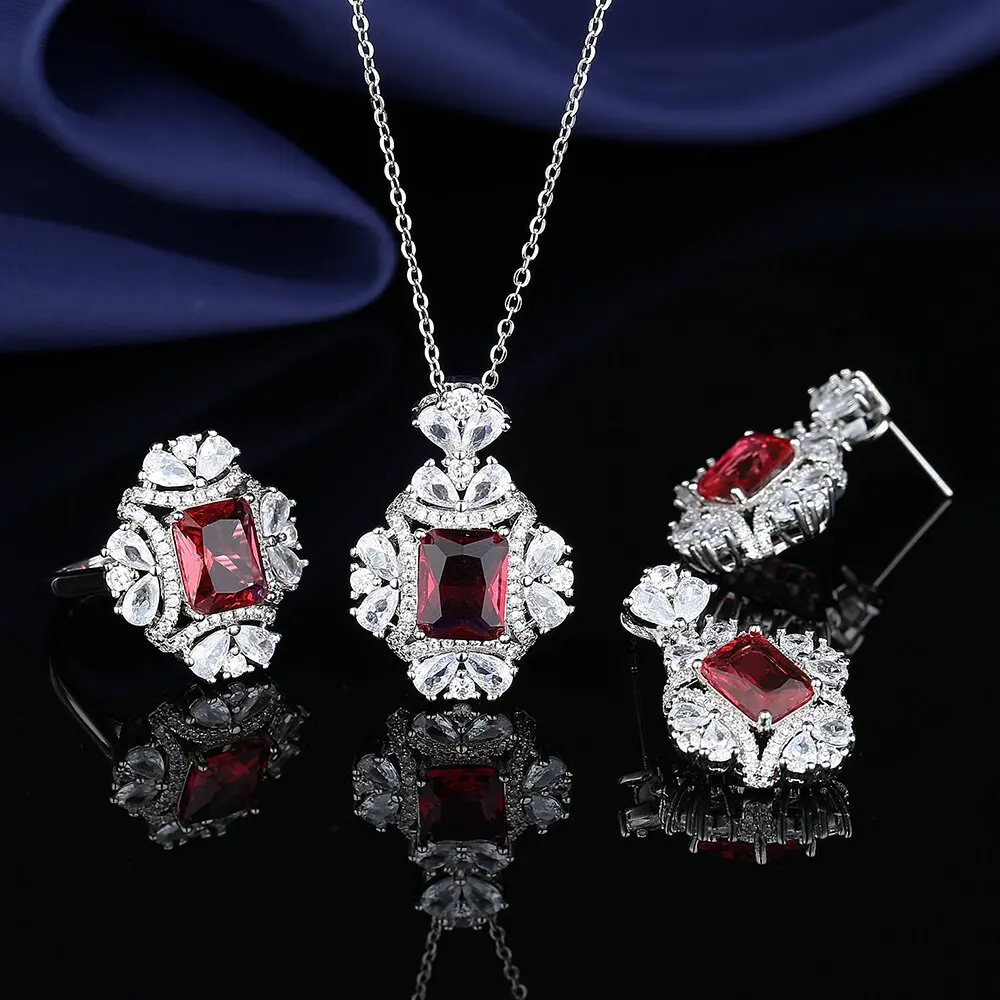 

Luxury 925 sterling silver blood red gemstone earrings necklace ring set female crystal zircon set