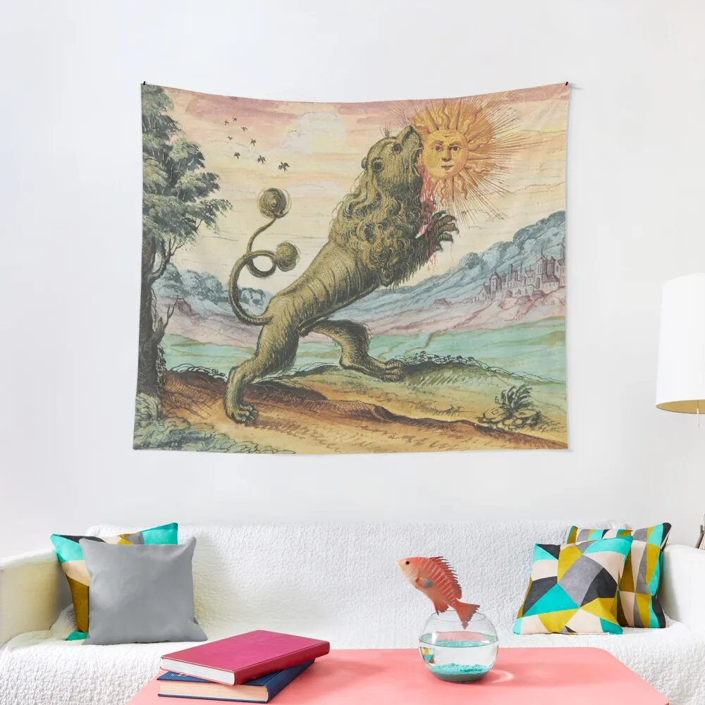 The Lion Eating The Sun Antique Alchemy Illustration Tapestry Wallpaper Bedroom Room Decore Aesthetic Tapestry