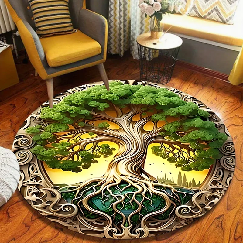 Tree of Life Pattern Round Area Rug European Luxe Home Decor Carpet Soft Non-Slip Floor Mat for Living Room Bedroom